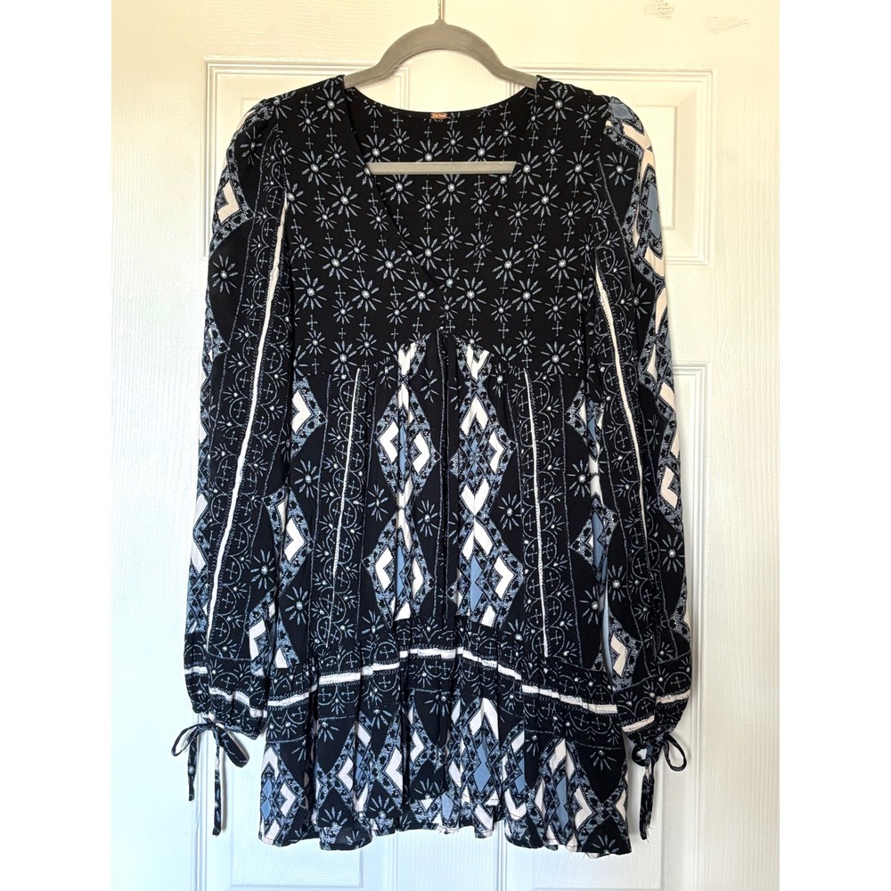 Free People Black Blue Boho Floral V-Neck Tunic Mini Dress Long Sleeve